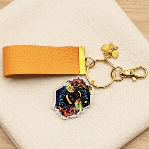 Colorful Flower Nature Life Gold Bumble Bee Metal Charm w/ Hand Strap Keychain